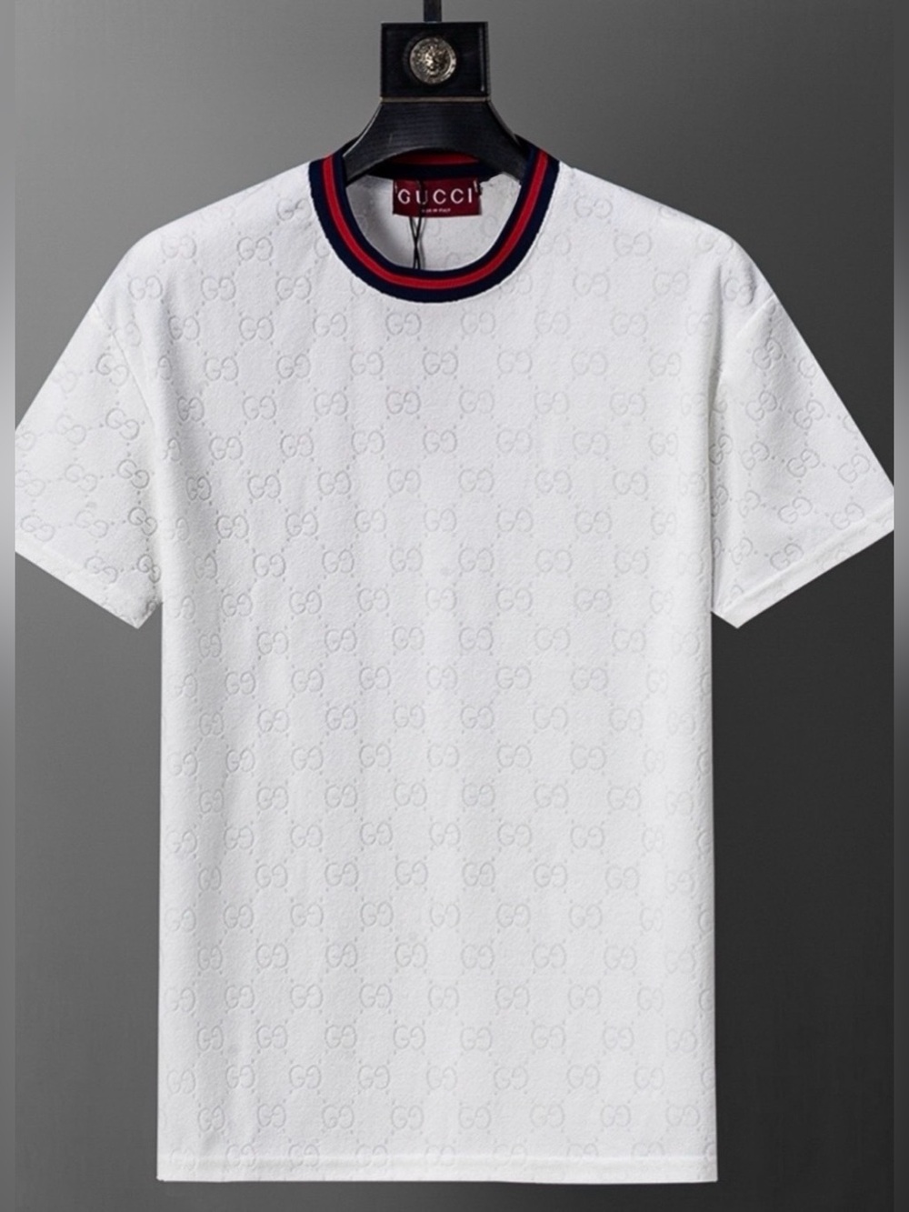 Gucci White Tee with Navy and Red Stripe Collar